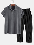 Set – jacquard polo s krátkým rukávem a rovné kalhoty