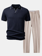 Set – elegantní geometrický jacquard polo a slim kalhoty