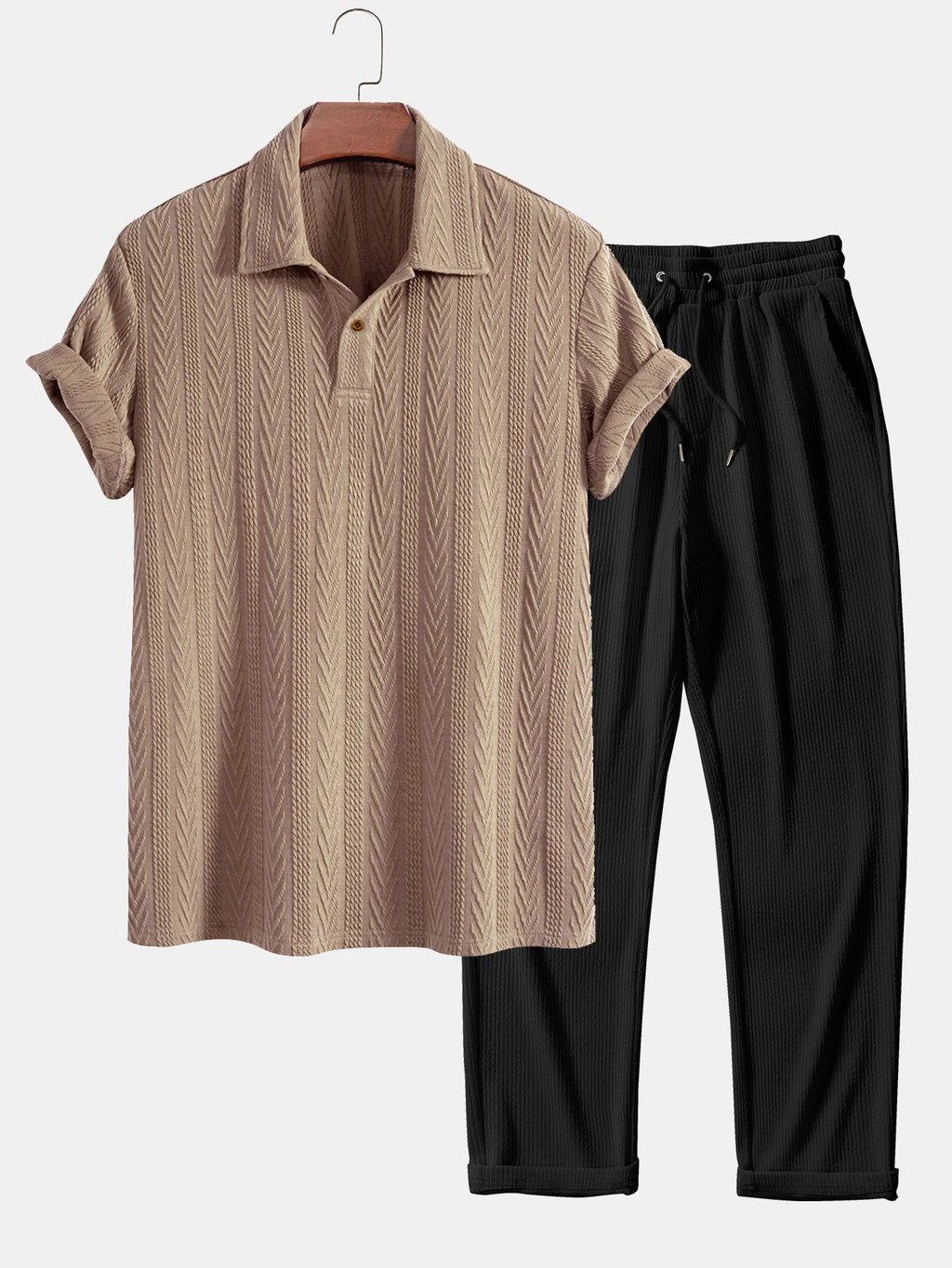 Set – jacquard polo s krátkým rukávem a rovné kalhoty