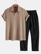 Set – jacquard polo s krátkým rukávem a rovné kalhoty