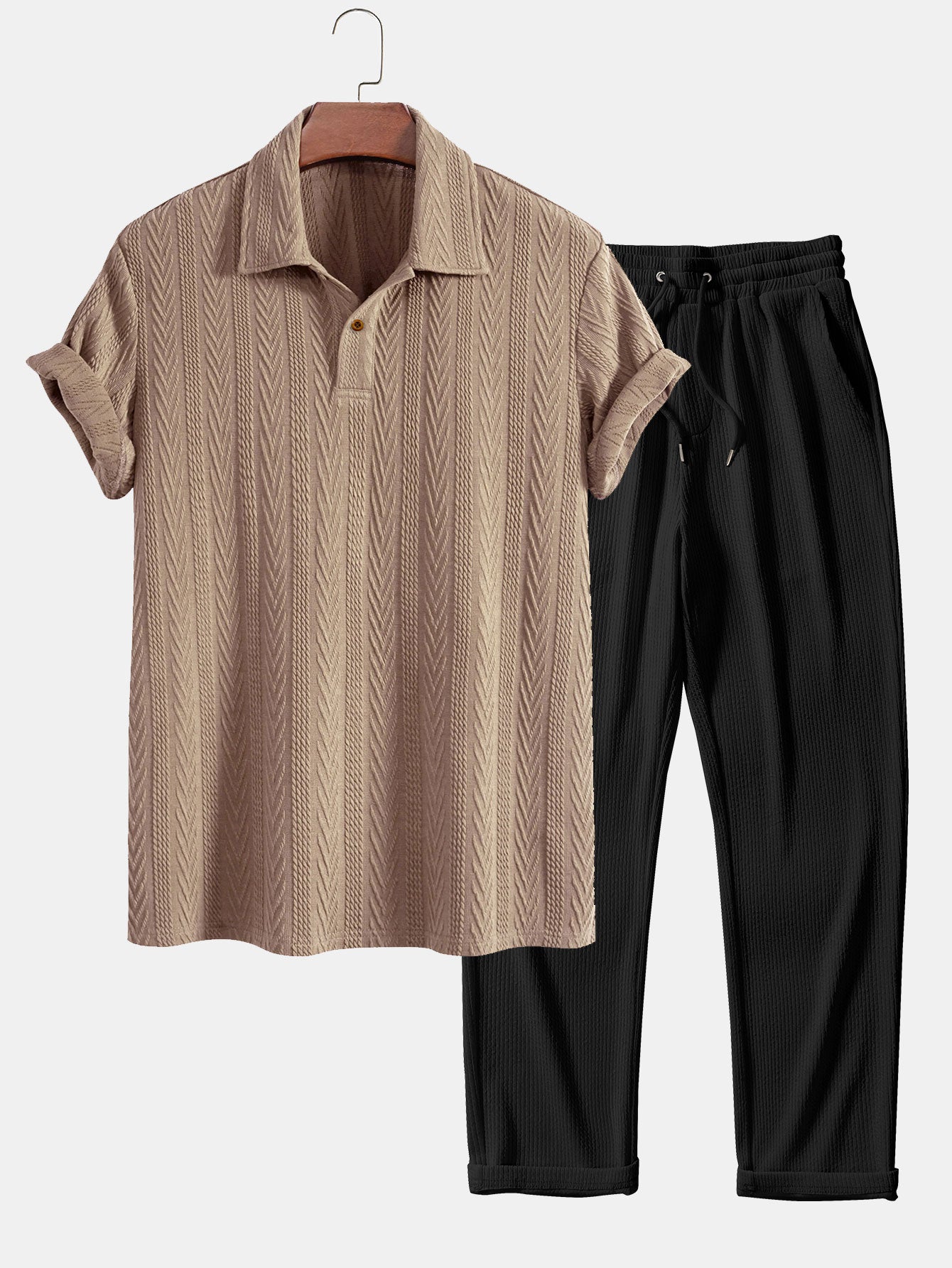 Set – jacquard polo s krátkým rukávem a rovné kalhoty