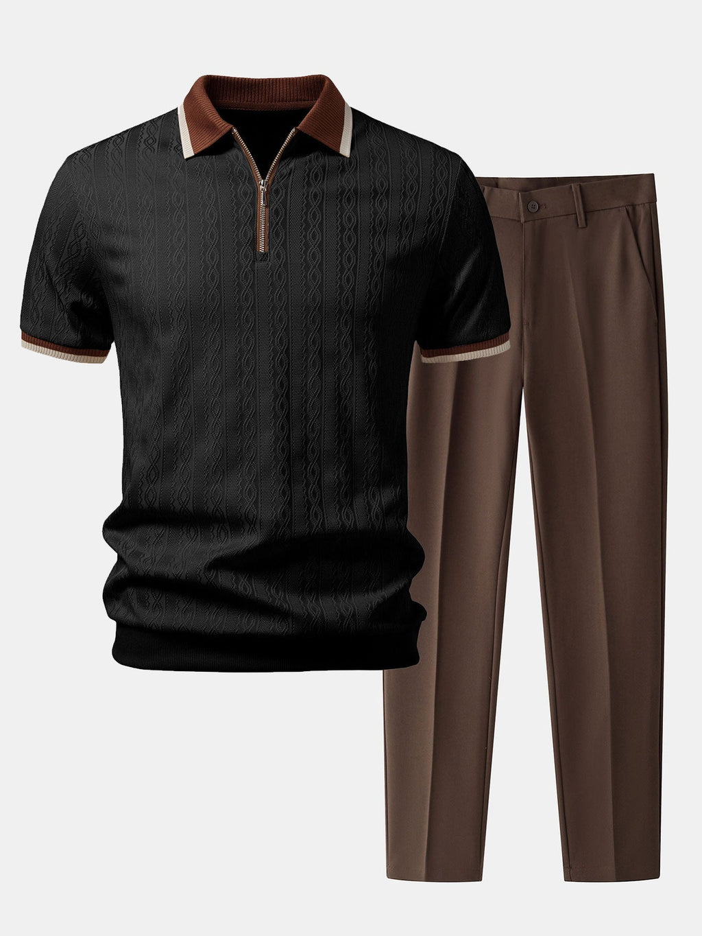 Set – polo pletené tričko na zip a slim kalhoty