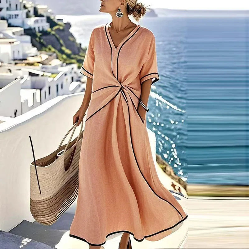 Naranja Color Vestido Midi Playa Mujer Escote en V Estilo Bohemio