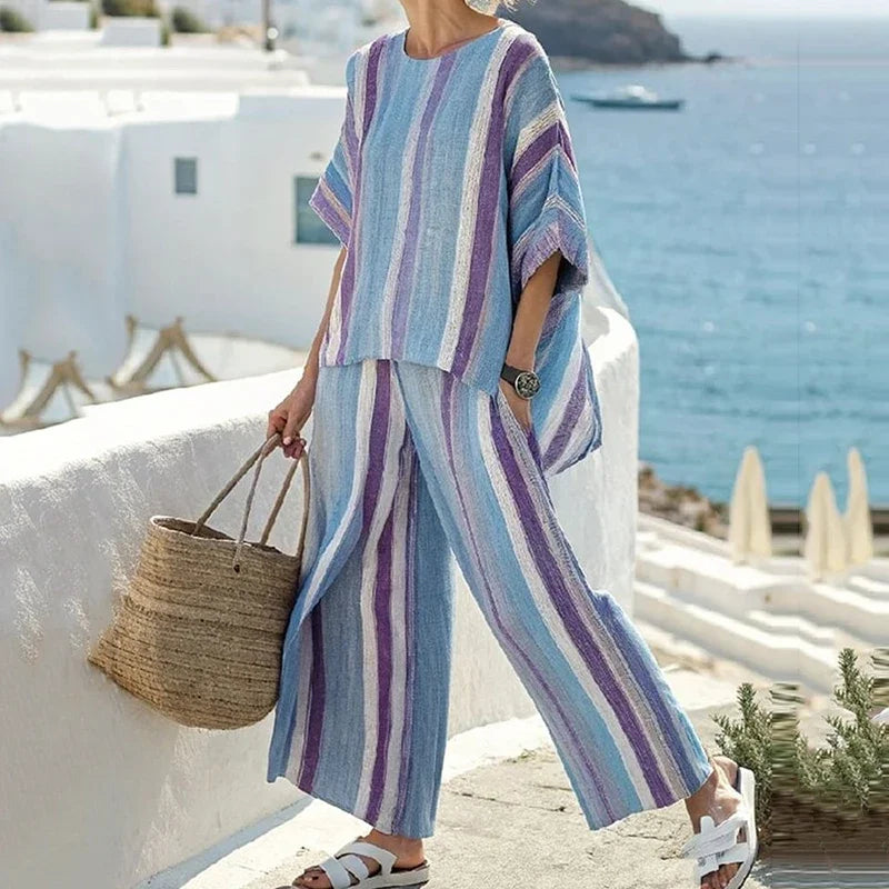 Conjunto Casual de Mujer a Rayas con Top y Pantalón