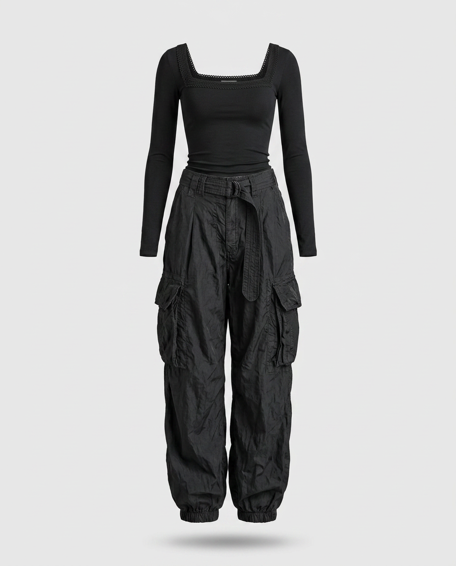 Dámský set – čtvercový top a cargo kalhoty urban styl