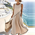 Sin mangas color albaricoque Color Vestido Midi Playa Mujer Escote en V Estilo Bohemio