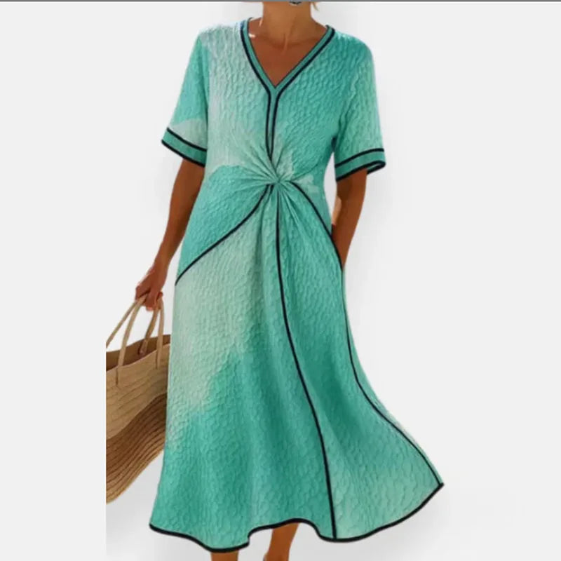 Verde Color Vestido Midi Playa Mujer Escote en V Estilo Bohemio