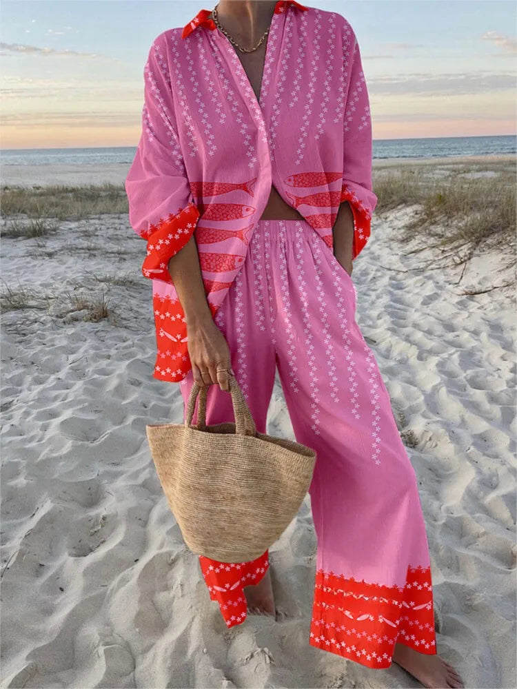 Conjunto Mujer Camisa y Pantalón Ancho Estampado Casual