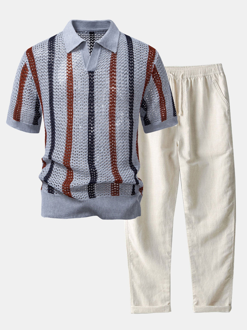 Set – polo háčkované tričko s pruhy a rovné lněné kalhoty
