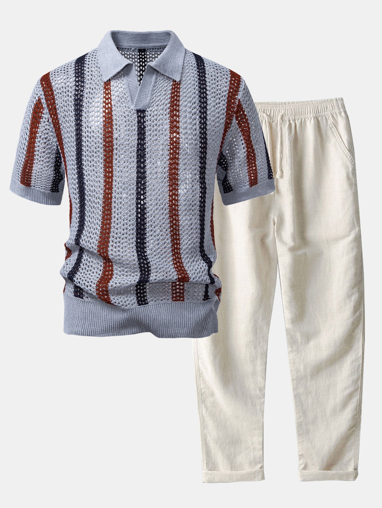 Set – polo háčkované tričko s pruhy a rovné lněné kalhoty