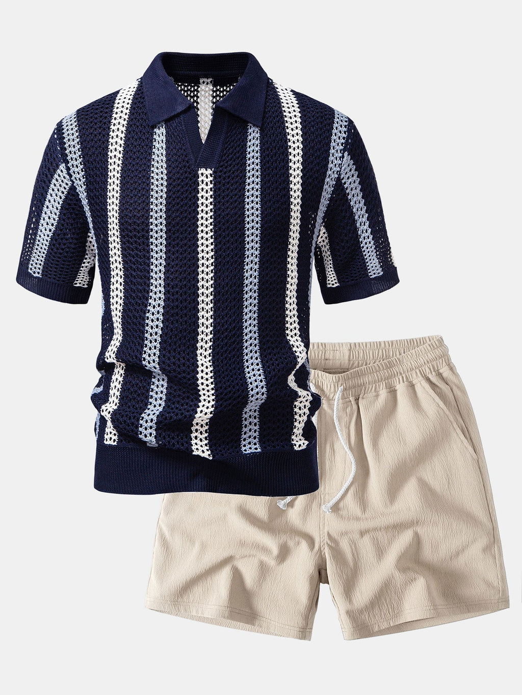 Set – polo háčkované tričko s pruhy a texturované šortky