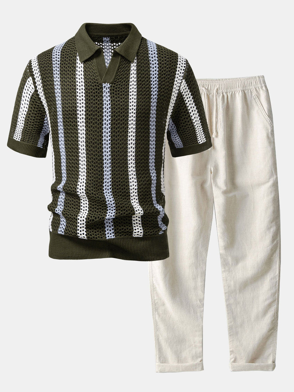 Set – polo háčkované tričko s pruhy a rovné lněné kalhoty