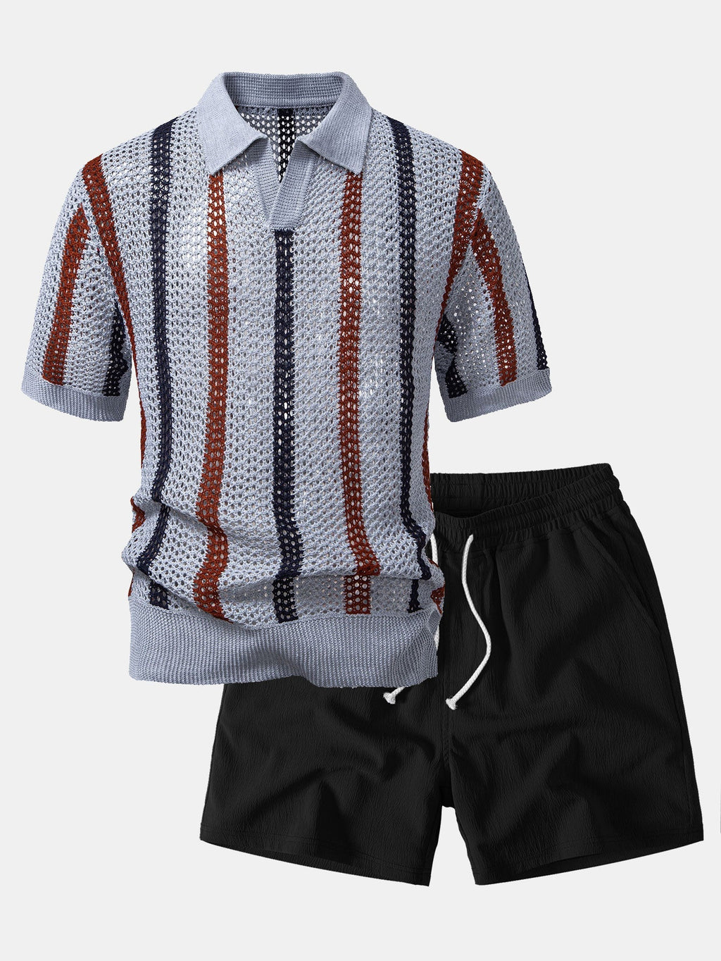 Set – polo háčkované tričko s pruhy a texturované šortky