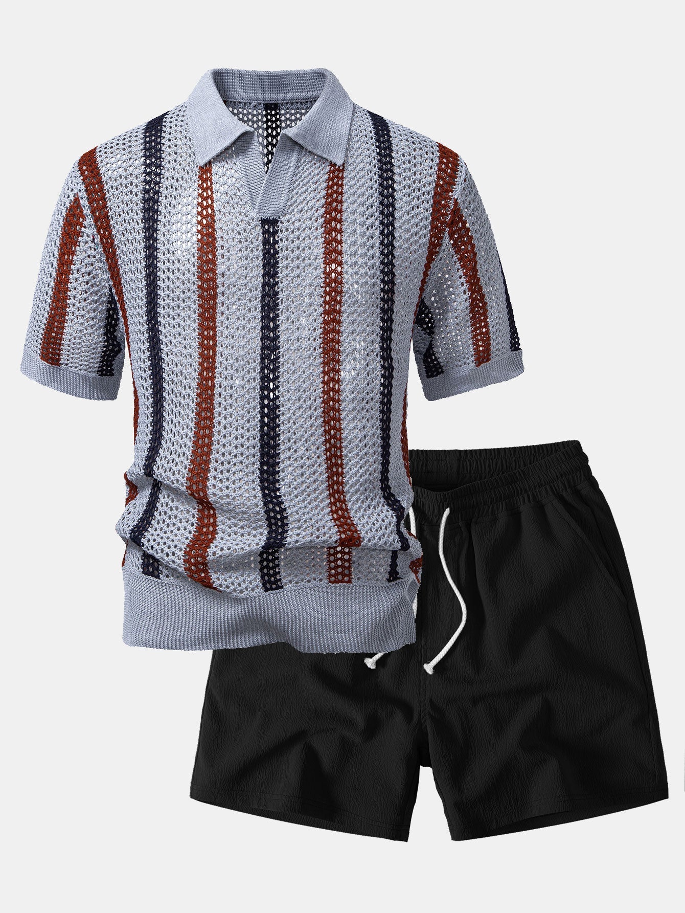 Set – polo háčkované tričko s pruhy a texturované šortky