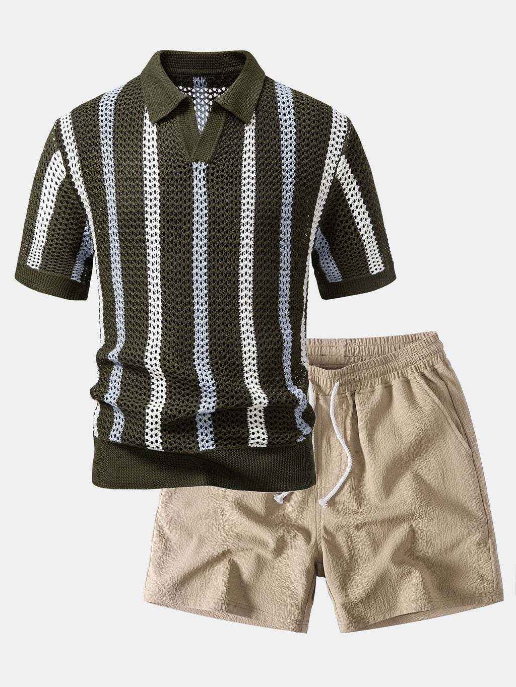 Set – polo háčkované tričko s pruhy a texturované šortky