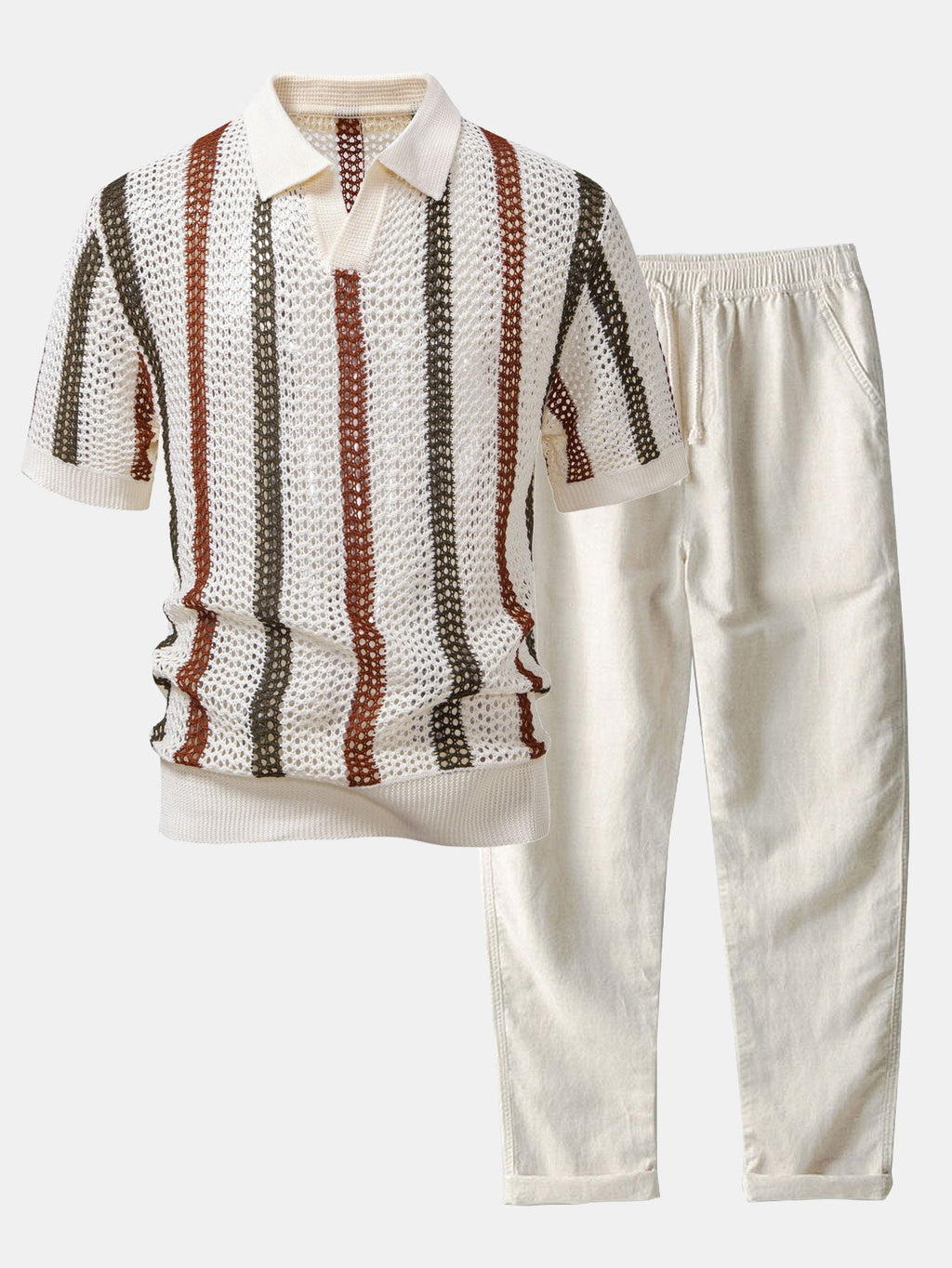 Set – polo háčkované tričko s pruhy a rovné lněné kalhoty