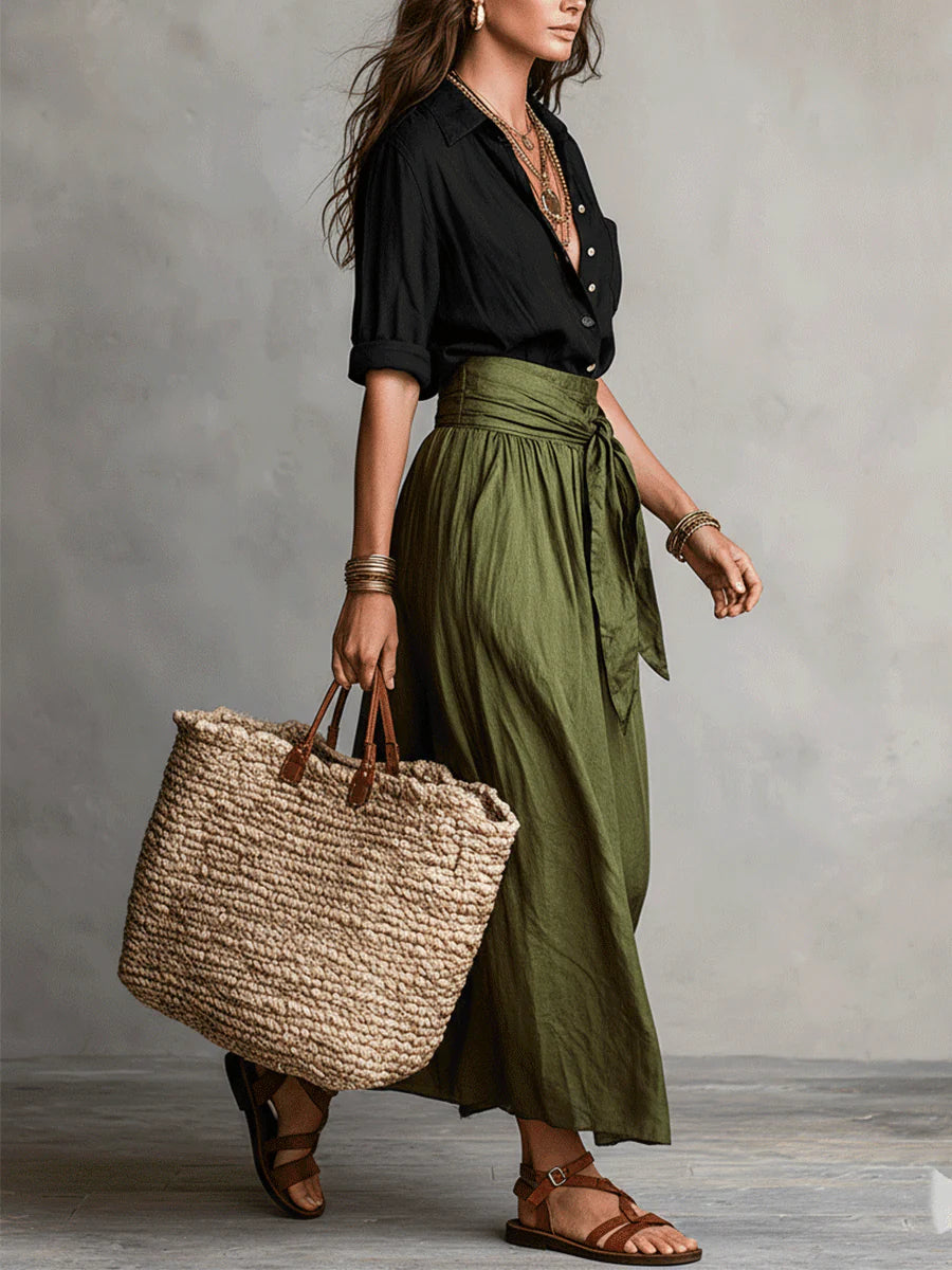 Vera™ | Conjunto de Dos Piezas: Top Negro y Falda Midi Verde Oliva