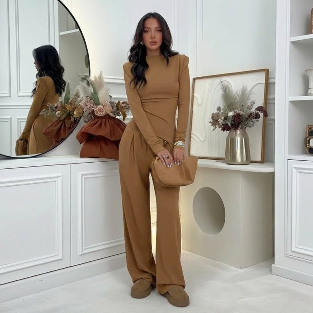 Set – halenka a wide-leg kalhoty v čokoládovém stylu