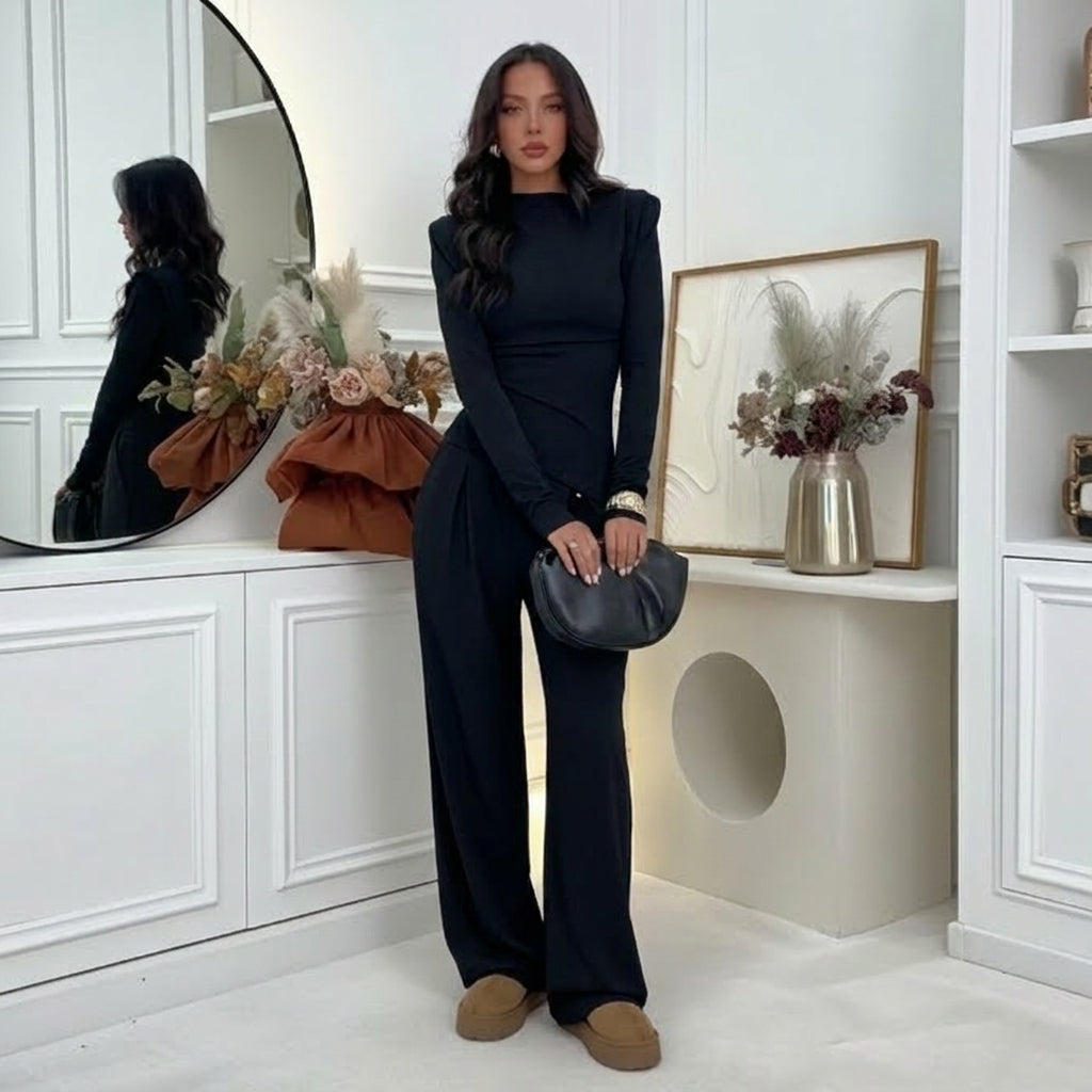 Set – halenka a wide-leg kalhoty v čokoládovém stylu
