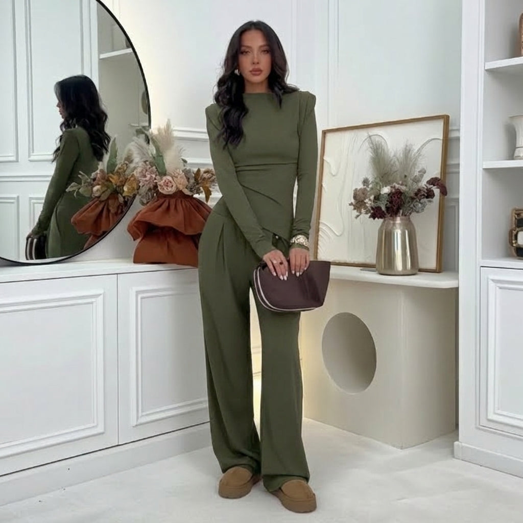 Set – halenka a wide-leg kalhoty v čokoládovém stylu