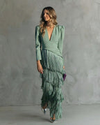 Vestido Midi Elegante con Flecos en las Mangas