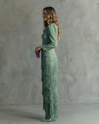 Vestido Midi Elegante con Flecos en las Mangas