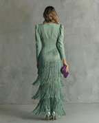 Vestido Midi Elegante con Flecos en las Mangas
