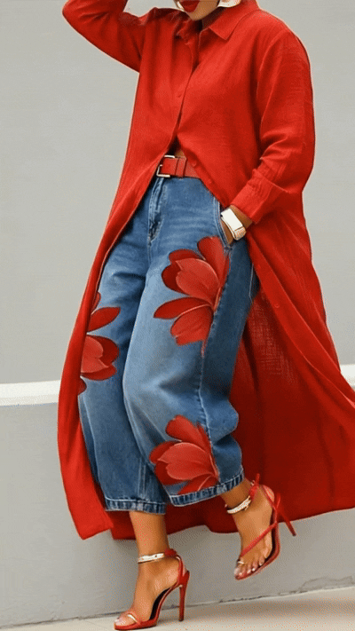 Set – červené košilové šaty a široké džíny s květinovým vzorem