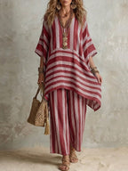 Dámský boho lněný pruhovaný set – oversize střih