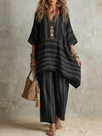 Dámský boho lněný pruhovaný set – oversize střih