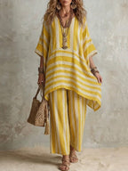 Dámský boho lněný pruhovaný set – oversize střih
