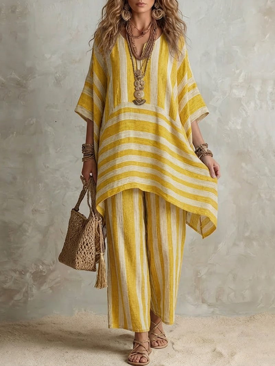 Dámský boho lněný pruhovaný set – oversize střih