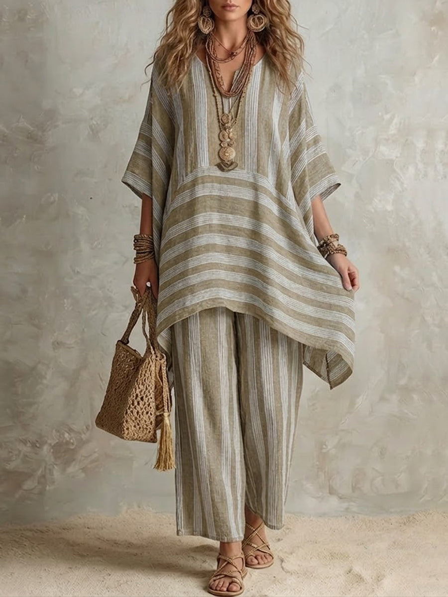 Dámský boho lněný pruhovaný set – oversize střih