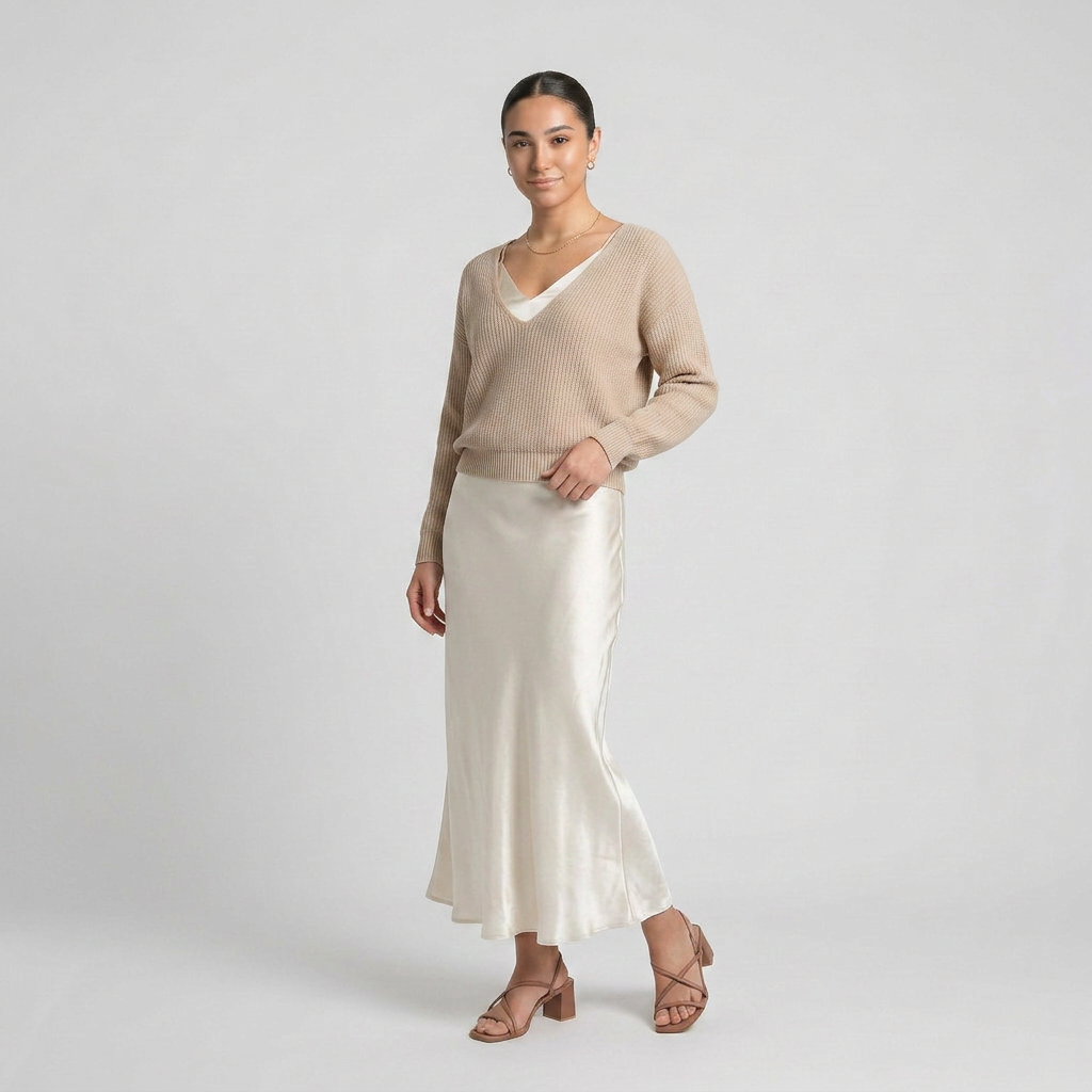 Elegantní midi saténový set s pleteným svetrem