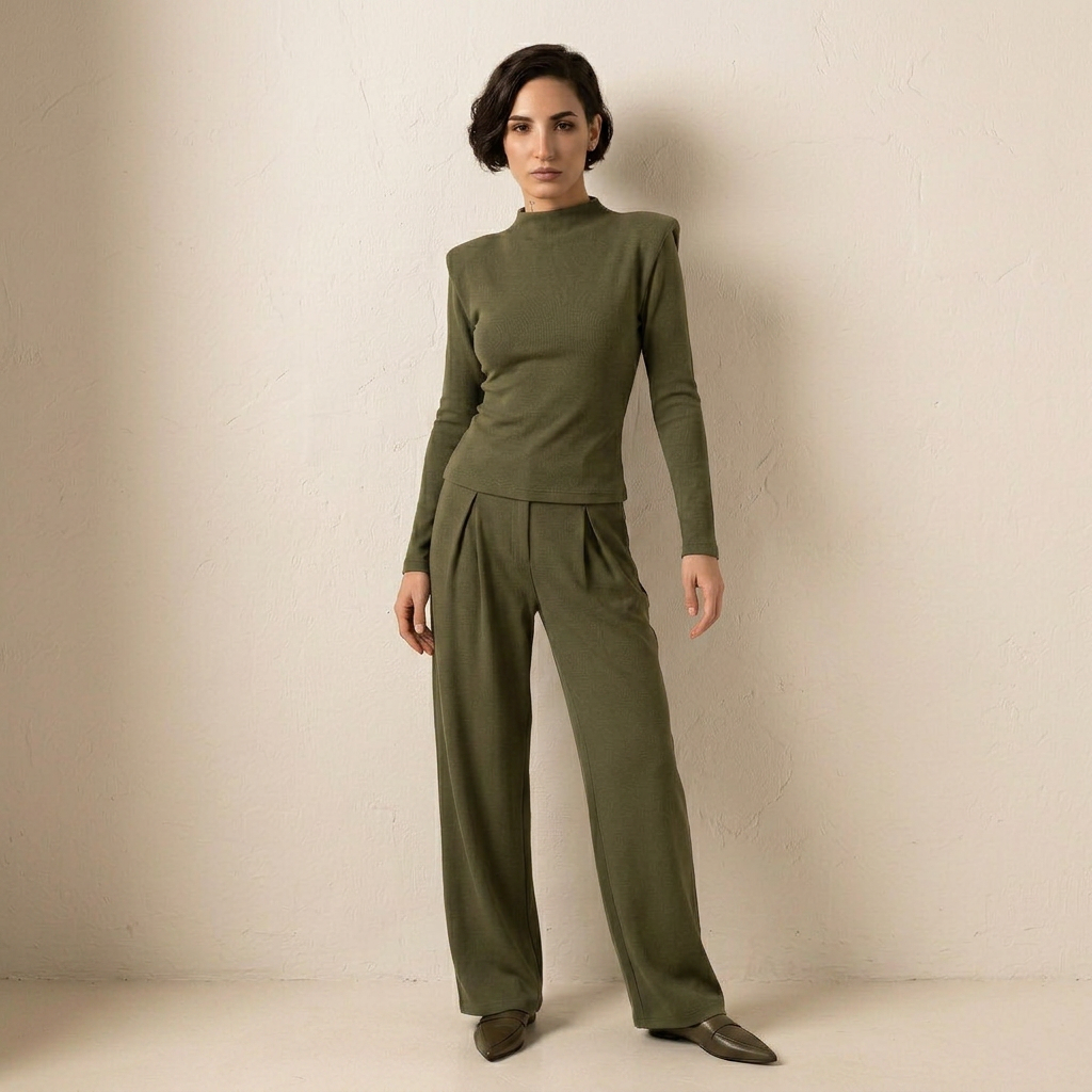 Set – halenka a wide-leg kalhoty v čokoládovém stylu
