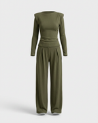 Set – halenka a wide-leg kalhoty v čokoládovém stylu