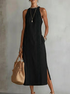 Jimena | Vestido Midi de Lino con Cuello Mao