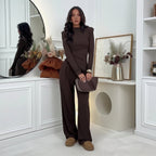 Set – halenka a wide-leg kalhoty v čokoládovém stylu
