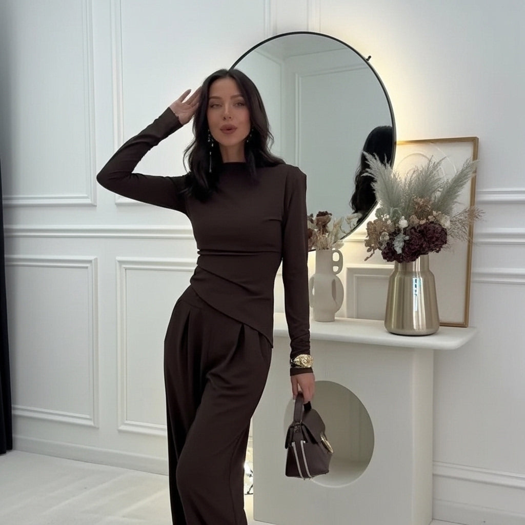 Set – halenka a wide-leg kalhoty v čokoládovém stylu