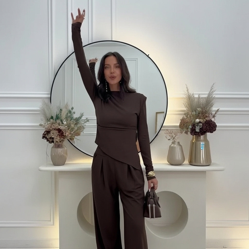 Set – halenka a wide-leg kalhoty v čokoládovém stylu