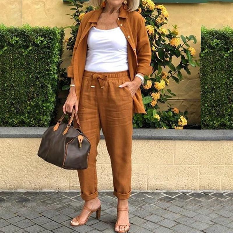 Dámský lounge set – lněná bavlněná košile a kalhoty