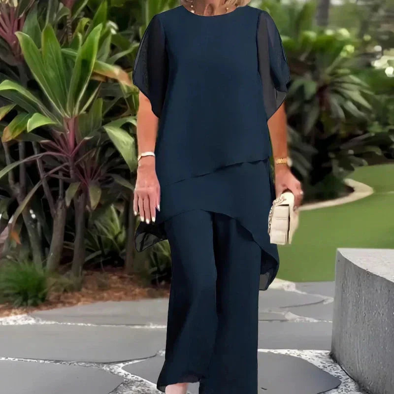 Enriqueta | Conjunto Blusa Larga y Pantalón de Pierna Ancha | Azul marino