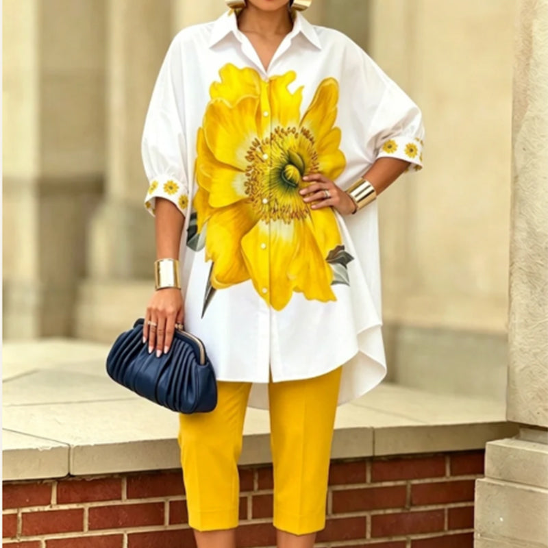 Dámský květinový dvoudílný set – oversize top a zkrácené kalhoty